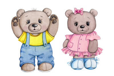 Cute boy and girl Teddy bears. Watercolor.