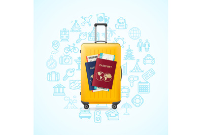 Travel Concept with Yellow Suitcase. Vector