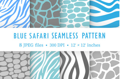 Blue safari seamless patterns. Animal skin digital papers pack.