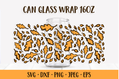 Fall Oak Leaves Can Glass Wrap SVG. Leopard Print Glass Can