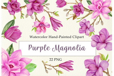 Watercolor purple magnolia floral clipart set.