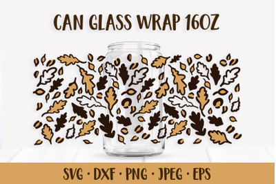 Fall Leopard Glass Can Wrap SVG. Oak Leaves Can Glass