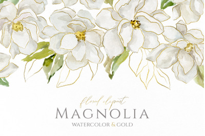 Watercolor &amp; Gold Magnolia Flowers