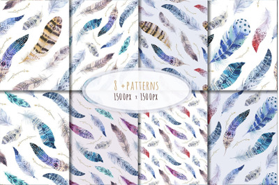 Boho feather scrapbook paper Watercolor feather Native America pattern