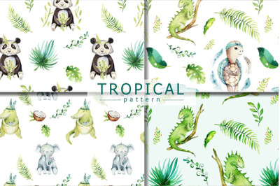 Watercolor hand painted cute tropical animals seamless digital pattern