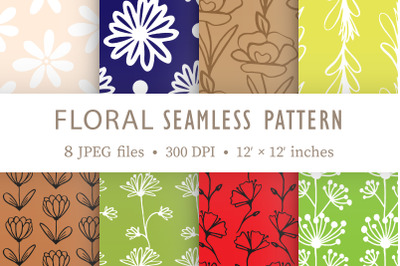 Floral outline seamless patterns. Digital boho papers pack.