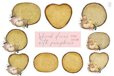 Wood slice and pumpkins clipart