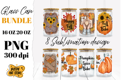 Fall Glass Can Bundle. 8 Autumn sublimation Glass can design