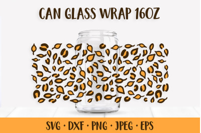 Fall Leaves Can Glass Wrap SVG. Leopard Print Glass Can