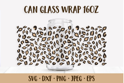 Fall Leopard Can Glass Wrap SVG. Autumn Leaves Glass Can