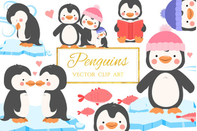 Penguins | Cute Vector Clip Art | 17 Elements PNG, SVG, EPS