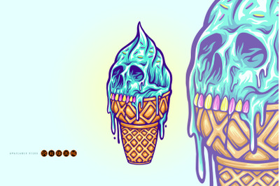 Scary skull ice cream cone illustrations