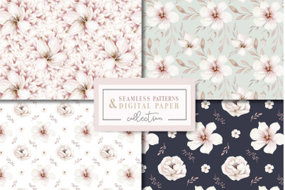 Watercolor blossom flowers pattern, scrapbook digital paper