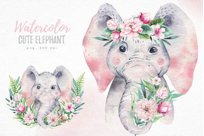 Watercolor baby nursery tropical elephant animals digital clipart