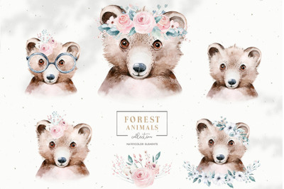 Watercolor woodland bear animals portrait clipart. Baby nursery forest