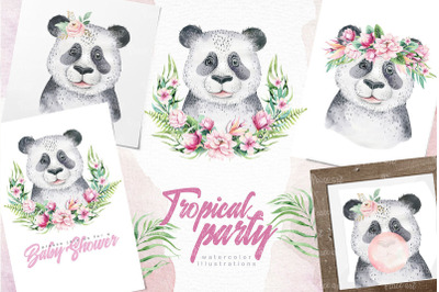 Watercolor baby nursery tropical panda animals digital clipart