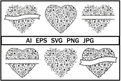 Heart template with notes in svg format&2C; cutting file