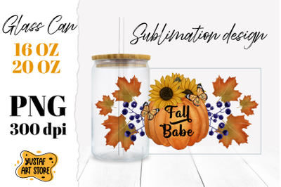 Fall Glass Can. Pumpkin with sunflower sublimation design