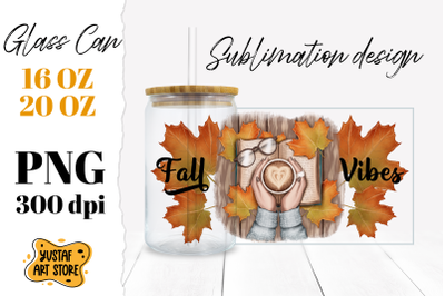 Fall Vibes Glass Can. Fall coffee in hands with book design