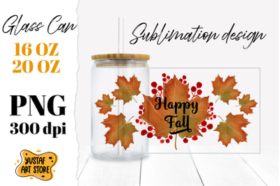 Happy Fall Glass Can Sublimation. Fall maple leaves illustration