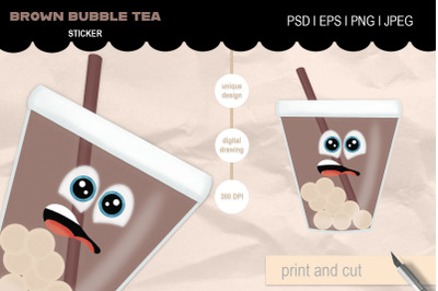 brown bubble tea with face - cartoon character
