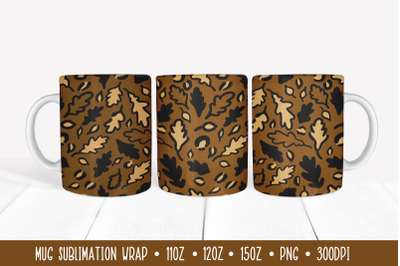 Autumn Oak Leaves Mug Sublimation Wrap. Leopard Print Mug