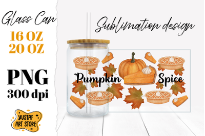 Fall Glass Can sublimation. Pumpkin Spice Pie design