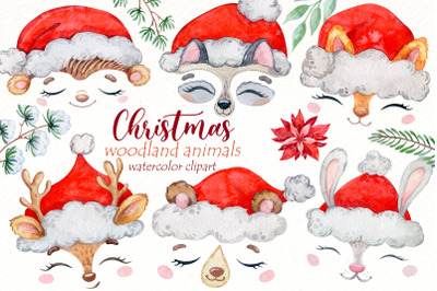 Christmas Cute Animal Clipart, watercolor animal faces png.