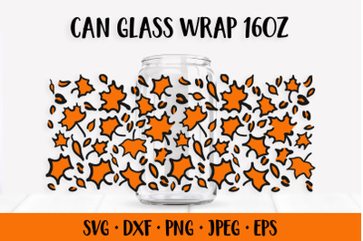 Fall Leopard Can Glass Wrap SVG. Maple Leaves Glass Can