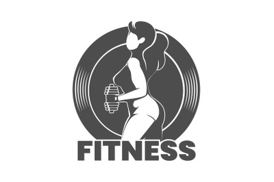 Fitness Logo Emblem with Woman holds Dumbbell