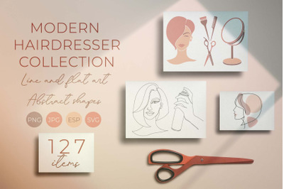 Modern Hairdresser Clipart Set. Line and Flat art.