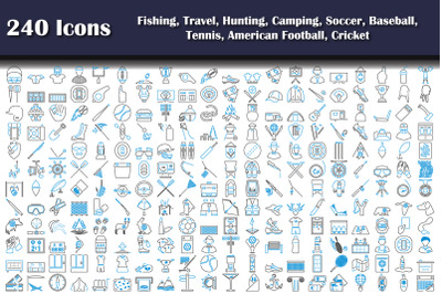 240 Icons Of Fishing, Travel, Hunting, Camping, Soccer, Baseball, Tenn