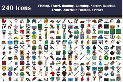 240 Icons Of Fishing, Travel, Hunting, Camping, Soccer, Baseball, Tenn