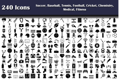 240 Icons Of Soccer, Baseball, Tennis, Football, Cricket, Chemistry, M