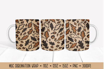 Oak Leaves Mug Sublimation Wrap. Fall Leopard Print Mug