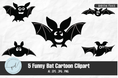 Funny Bat Cartoon Clipart, 5 Variations