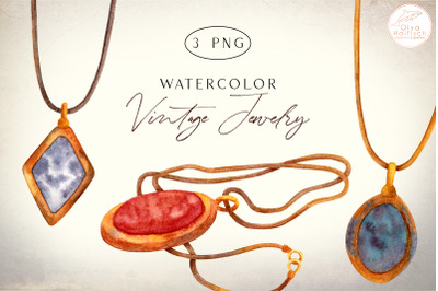 Watercolor Jewelry Clipart. Vintage Gemstone Necklace Accessory PNG