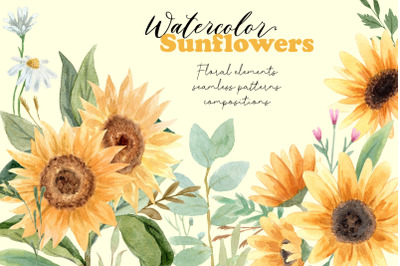 Watercolor Sunflowers Flowers Collection. Floral Cliparts and Patterns