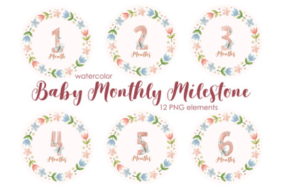 Pink Baby Monthly Milestone. Watercolor illustration.