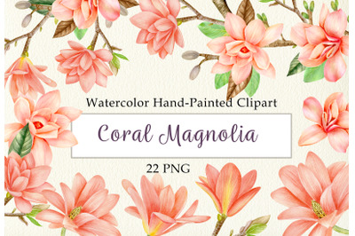 Watercolor coral magnolia floral clipart set PNG