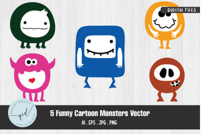 Funny Cartoon Monsters Vector, 5 Variations