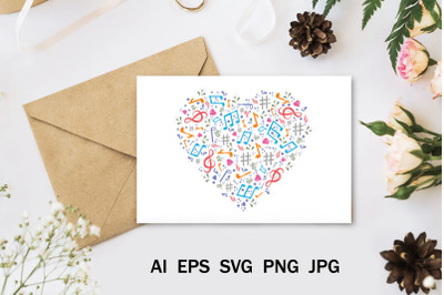 Heart template with notes in svg format, cutting file