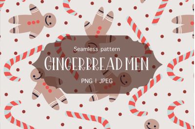 Gingerbread men and lollipops, Christmas seamless pattern, Winter digi