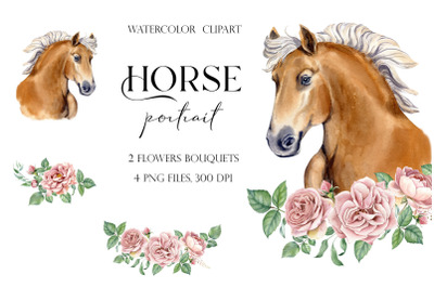 Watercolor Horse Clipart with flowers, Horse Digital art