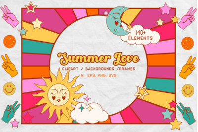 Summer Love Retro Clipart Collection, Illustrations, Hand-drawn Retro