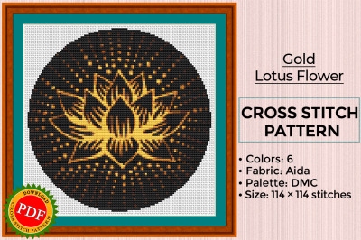 Gold Lotus Flower Cross Stitch Pattern | Gold Lotus