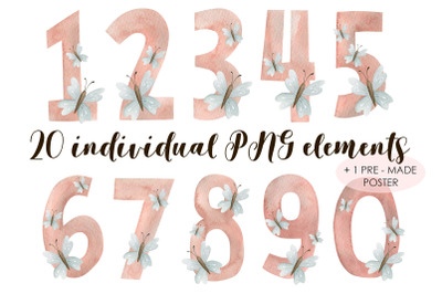 Watercolor pink numbers clipart.