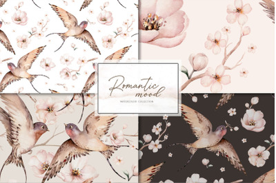 Watercolor blossom flowers &amp; birds swallow floral digital pattern