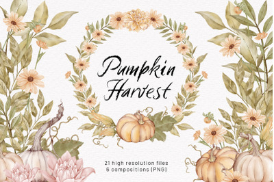 Autumn Clipart Thanksgiving Pumpkin Fall Frame Wreath Watercolor Harve