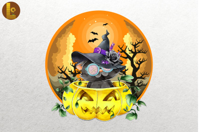 Halloween Black Cat Witch Hat &amp;amp; Pumpkin